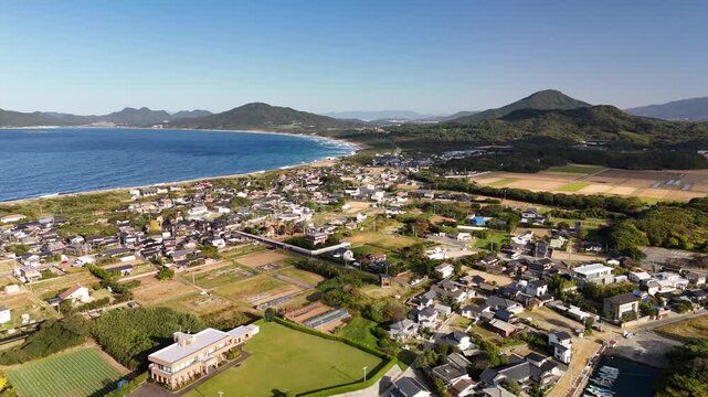 Shimakeya, Itoshima, Fukuoka, Japan: 4K Aerial Drone Footage of Japanese Rocky Coastline, Keya no Ohto Cliffs, Rural Beach, Countryside Houses, Estates, Mountain Forests, Farmlands