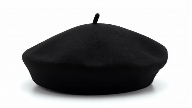 This clean studio shot prominently features a classic black beret presented against a pristine white background. The elegant headwear, crafted from a finely textured fabric, showcases its iconic round