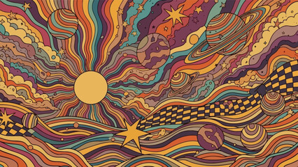 Retro 1970s groovy illustration of a colorful cosmic landscape with swirling planets and stars.