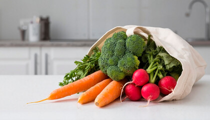 An open bag of fresh vegetables (carrots, broccoli, radishes) placed on a modern kitchen table, healthy eating concept
