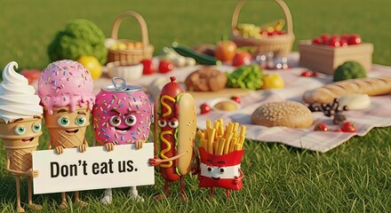 Junk temptation: unhealthy food character with trans fat, sweet, and fast meal cry don't eat us, urging balanced nutrition, fresh produce, wellness awareness, vitality, prevention, disease elimination