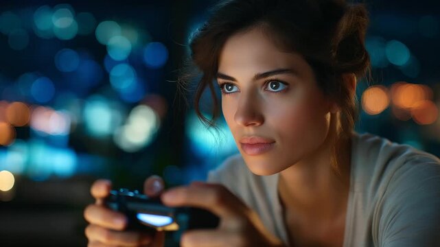 Concentrated woman intensely playing video game with controller, gaming focus, entertainment engagement, defocused screen glow background, with copy space