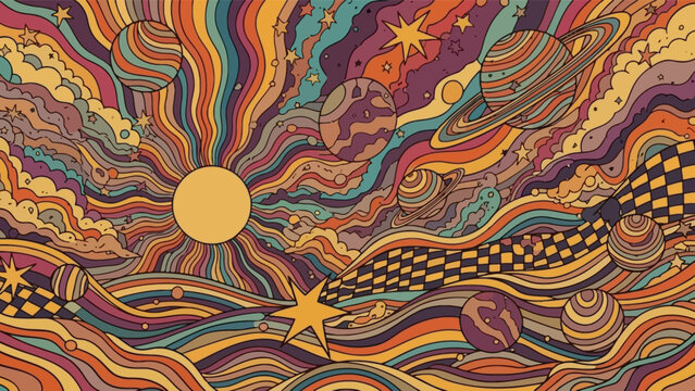 Retro 1970s groovy illustration of a colorful cosmic landscape with swirling planets and stars.