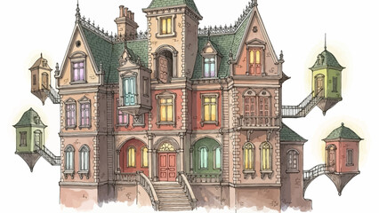 Obraz premium Whimsical sketch of a detailed fantasy mansion featuring complex architecture and floating turrets.