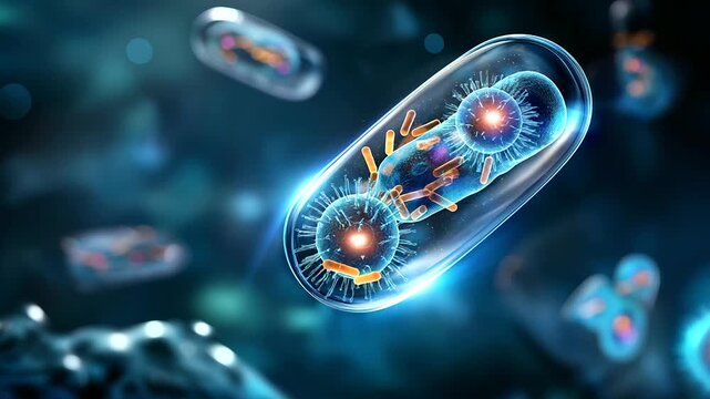 Scientific 3D render of lactic acid bacteria probiotics in transparent capsule form with genetic genome data visualization, microscopic medical illustration, with copy space