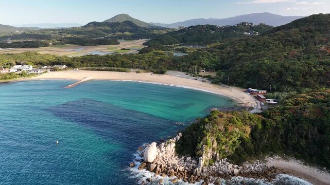 Keya Beach, Genkai Quasi-National Park, Itoshima, Fukuoka, Japan: 4K Aerial Drone Footage of Rural Beach, Mountain Forests, Autumn Colours, Islands, Japanese Rocky Coastline, Countryside Houses