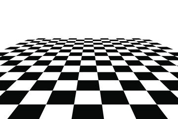 Dynamic black and white checkerboard pattern receding into an infinite horizon, creating an abstract optical illusion of depth and movement on a stylized background