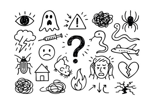 A collection of hand-drawn doodle icons representing various phobias, fears, anxiety, and stress concepts on a white background &mdash; stock vector.