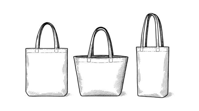 Line art illustration of three different tote bag designs on a white background