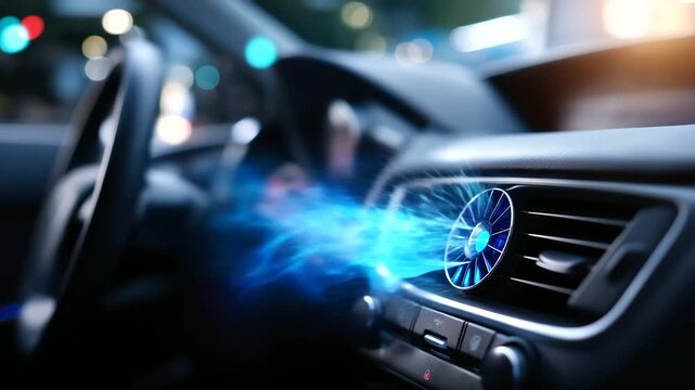 Blue cool air flow dynamics streaming from modern vehicle climate control vent system, air conditioning comfort, defocused car interior background, with copy space