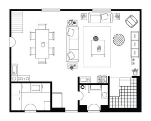 Architectural outline of a contemporary multi-room apartment floor plan, showcasing functional living, dining, kitchen, and bathroom areas