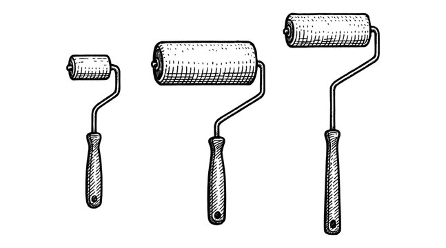Ink drawing of paint rollers in different sizes on a white background