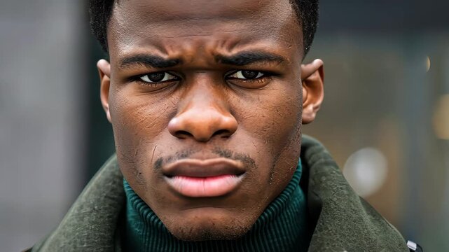 Intense Expression: A close-up shot of a focused individual conveys a mixture of seriousness and intense focus, perhaps hinting at challenges, determination, or deep thought. 