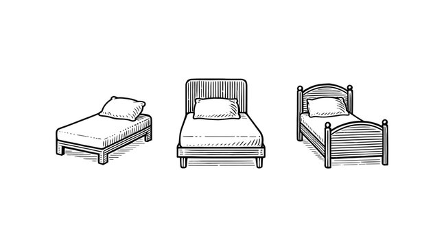 Line art illustration of three different beds with pillows on white background