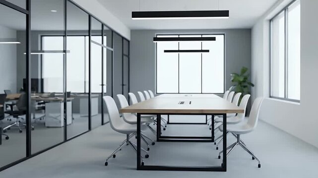 This sophisticated and modern corporate conference room stands empty, poised for productive discussions and strategic planning. Featuring a sleek wooden meeting table surrounded by minimalist white ch