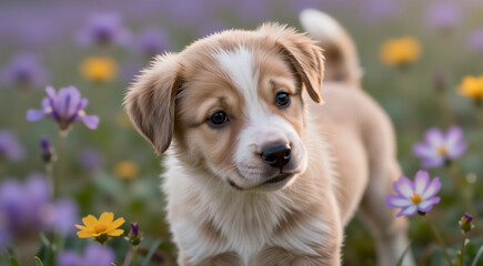 a close-up of a small puppy in a field of purple and yellow flowers. The puppy appears to be a Border Collie, with a light brown coat and white patches on its face and chest