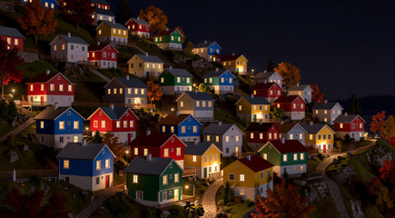 an aerial view of a small town at night. The town is located on a hillside and is lit up with colorful lights. The houses are of different sizes and colors, including red, blue,