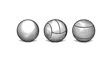 Engraved spheres in a row, vintage illustration of three different ball designs