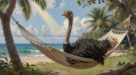 an ostrich lying in a hammock on a tropical beach. The hammock is tied between two palm trees on either side of the beach, with the ocean visible in the background.