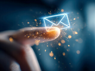 A glowing digital envelope icon representing email communication hovers above a fingertip with bright particles floating around in a futuristic background