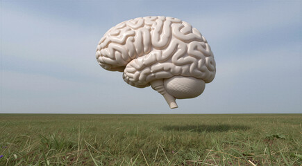 a large, white brain floating in the air over a vast green field. The brain appears to be floating in mid-air, with its arms and legs stretched out to the sides