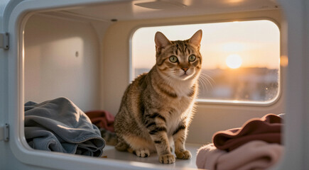 a cat sitting on a window sill. The cat is a tabby with brown and black stripes and is looking directly at the camera. The window is open and the sun is setting in the background,
