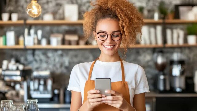 Coffee Shop Connect: A barista smiles warmly while engrossed in their smartphone, embodying modern customer service and effortless multitasking in a stylish coffee shop setting.