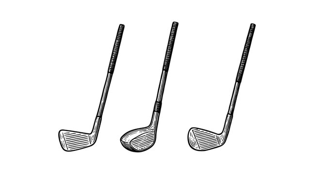 Line art illustration of three golf clubs isolated on a white background