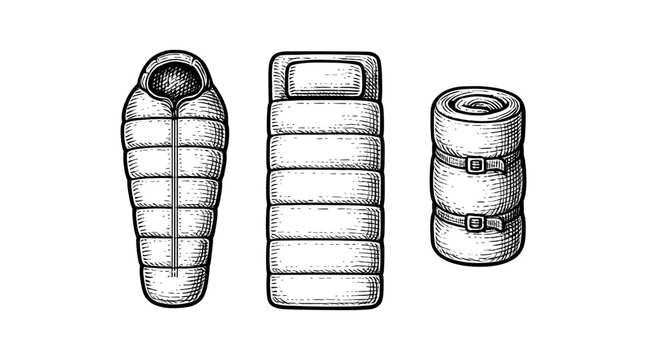 Camping gear illustration: sleeping bag, mat, and rolled bedroll on white background