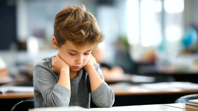 Lonely sad boy crying alone at school desk, childhood bullying and emotional distress concept, educational psychology, defocused classroom background, with copy space