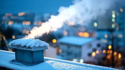 Peaceful winter rooftop scene with fresh snow and chimney smoke drifting upward, serene cold season atmosphere, defocused city view, with copy space