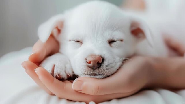 Sleeping Puppy's Slumber: Captured in a tender embrace, a serene puppy rests peacefully in gentle hands, embodying pure innocence and tender affection.