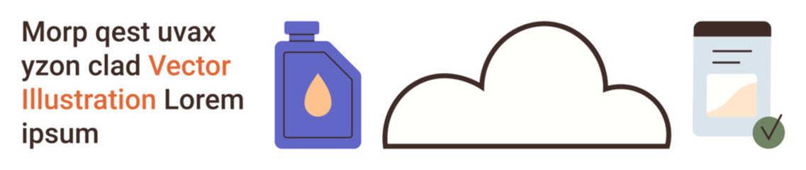 Cloud computing, data privacy, eco-friendly solutions, online storage, digital security, sustainability. Simple icons of a bottle, cloud and checked document. Cloud computing and data security