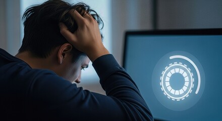 Young adult with hand in hair, distressed by a computer screen displaying a loading or buffering symbol, symbolizing no internet connection problem, digital issues, or system failure.