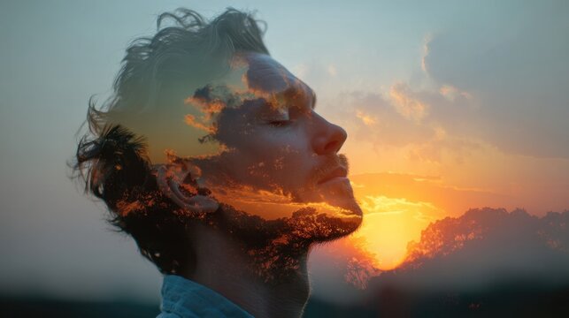 A man stands with his eyes closed as the sun sets. The sky shows vibrant colors and clouds surround the horizon. Nature is in view highlighting the beauty of the changing day.