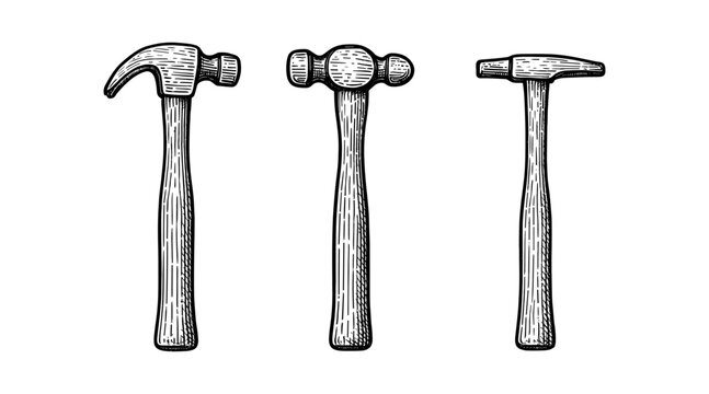Hand-drawn illustration of three different hammer types on a white background