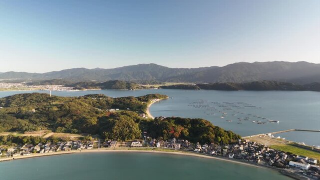 Shimakishi, Itoshima, Fukuoka, Japan Coastline in Autumn: 4K Aerial Drone Footage of Hikizu Bay, Rural Beach, Islands, Mountain Forests, Fish Cage, Houses, Estates near Genkai Quasi-National Park