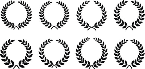 Eight black and white laurel wreaths arranged in a grid pattern