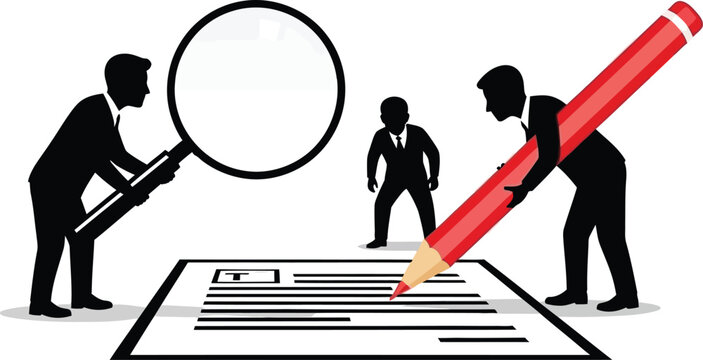 Team inspecting document with magnifying glass and large red pencil