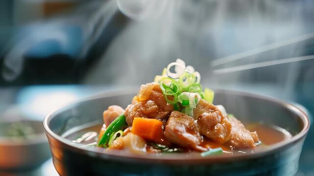 Simmering Culinary Delight: A close-up shot of a steaming bowl of delectable stew, meticulously garnished and freshly prepared, exuding the artistry and passion of culinary expertise.
