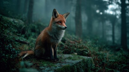 Naklejka premium A fox rests on a moss covered stone in a forest. It is early morning and fog surrounds the area. Trees are tall and create a dark setting. The fox looks calm and alert.