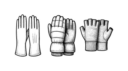 Vintage Engraved Illustration of Various Glove Styles on White Background