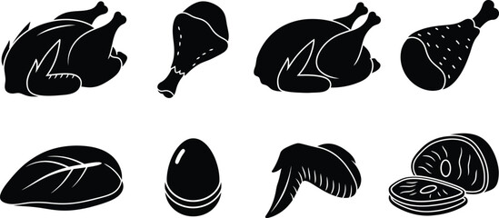 Various cuts of roasted chicken and accompanying food items in black silhouette