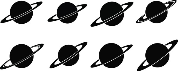 A collection of simple black and white planet icons with prominent rings © Lhvect02