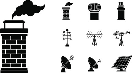 Black and white icons depicting chimneys antennas and weather instruments