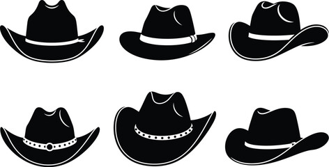 A collection of black cowboy hats in various styles and designs