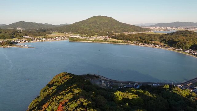 Shimakishi, Itoshima, Fukuoka, Japan Coastline in Autumn: 4K Aerial Drone Footage of Hikizu Bay, Rural Beach, Islands, Mountain Forests, Fish Cage, Houses, Estates near Genkai Quasi-National Park