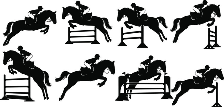 Show jumping sequence silhouettes of horses and riders in motion