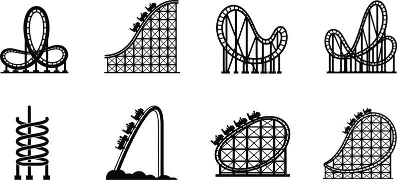 Various black and white line art illustrations of different roller coaster designs