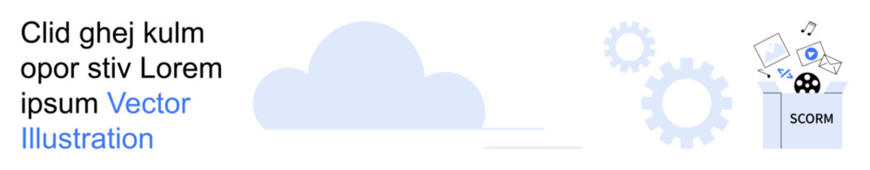 Data management, cloud storage, digital transformation, learning systems, SCORM technology, online tools. Cloud graphic with SCORM elements and settings gears. Data management and cloud storage theme